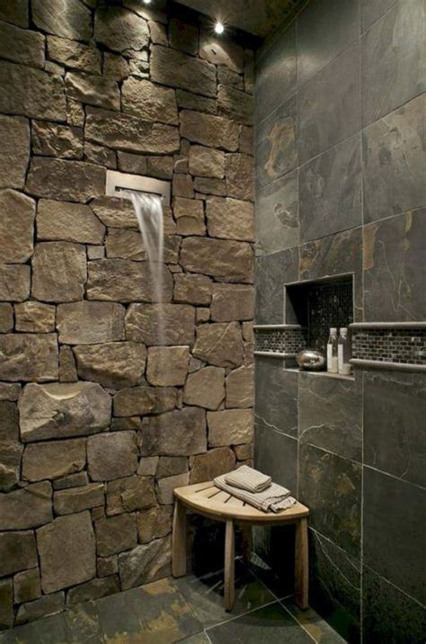 08 A Gorgeous Contemporary Shower Done With A Natural Stone Wall Wall