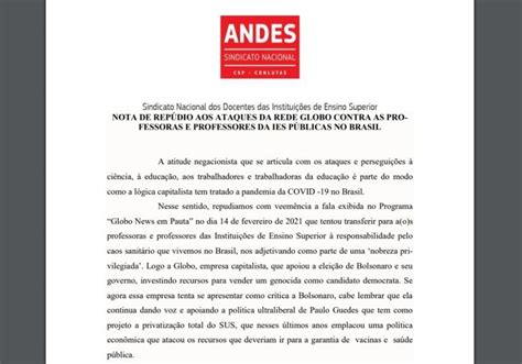 SEDUFSM Diretoria do ANDES SN repudia ataques da Rede Globo aos às