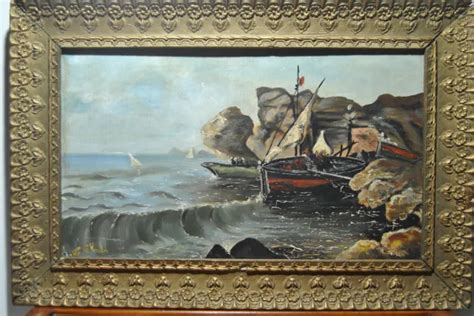 TABLEAU MARINE ANCIEN peinture bord mer océan bateau pèche voiler