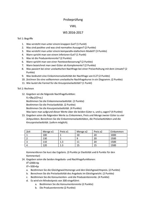 Probeklausur 13 Oktober 2014 Fragen Probeprüfung VWL WS 2016 Teil 1