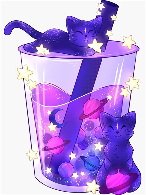 Purple Galaxy Cats Boba Tea Sticker By Averiillustrate In 2023 Galaxy