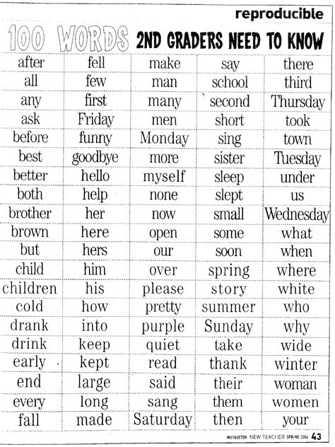 Word List For 2nd Grade