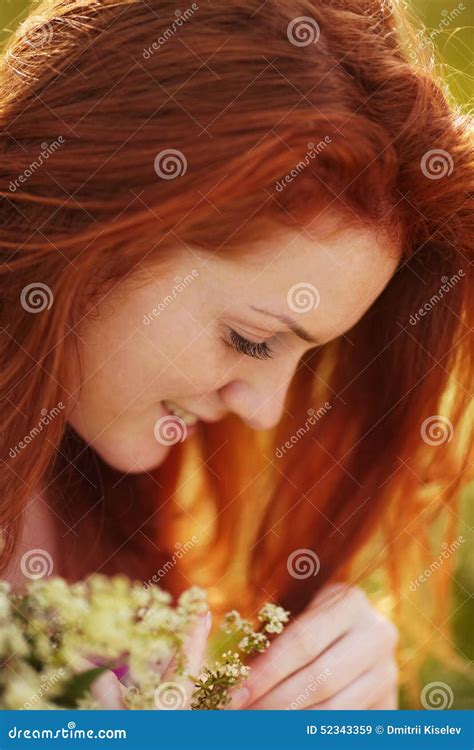 Freckled Red Haired Girl With A Bouquet Stock Image Image Of