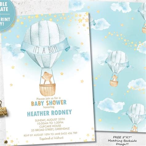 Adventure Awaits Baby Shower Invitation Hot Air Balloon Baby Etsy