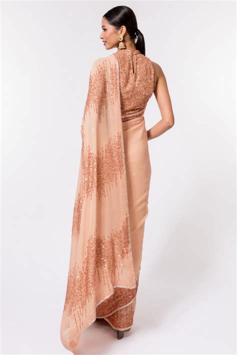 Peach Color Party Wear Look Bollywood Saree With Sequins Work Saree And