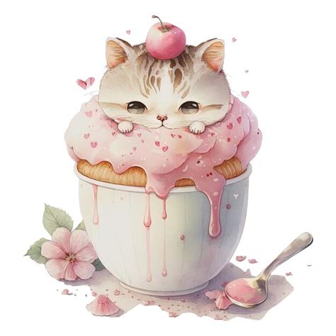 Un Gato Est Sentado En Una Taza De Pastel Con Una Cereza Encima