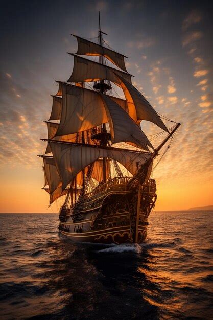 Premium AI Image Sailing Ship In The Sea At Sunset 3d Illustration