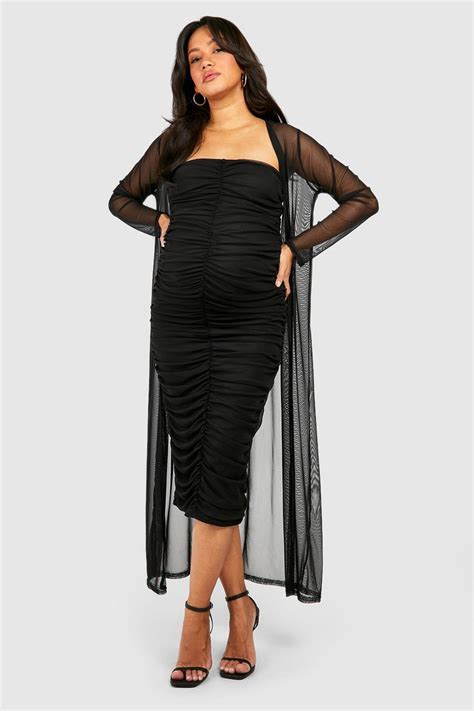 Maternity Bandeau Mesh Midaxi Dress And Duster Set Boohoo Uk