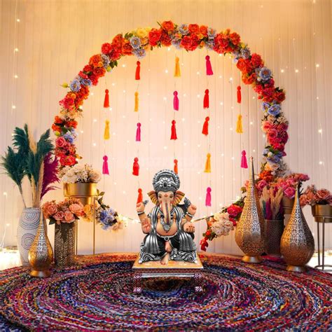 Ganesh Chaturthi Decorations at Home with Flowers, LED Lights, Backdrops