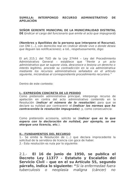 Modelo DE Apelacion Administrativo SUMILLA INTERPONGO RECURSO