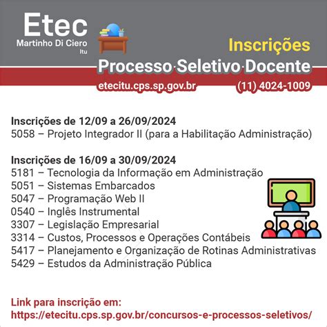 Processos Seletivos Abertos Setembro 2024 Etec Martinho Di Ciero