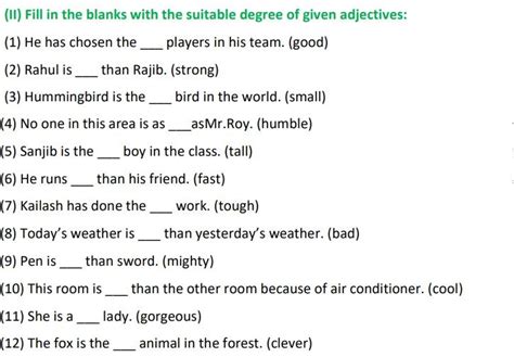 Degrees Of Comparison Class Worksheet