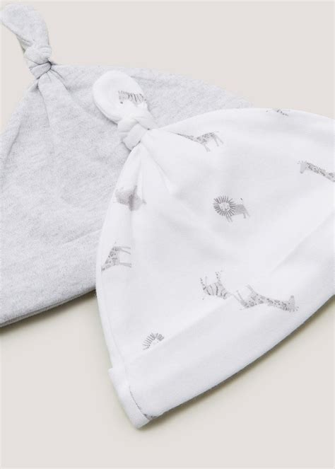 2 Pack White And Grey Safari Animal Baby Hats Newborn 6mths Matalan