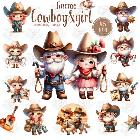 Gnome Cowboy And Cowgirl Clipart Watercolor Cowboy Western Clipart