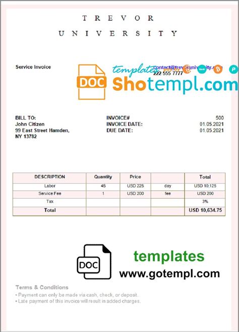 Usa Trevor University Invoice Template In Word And Pdf Format Fully