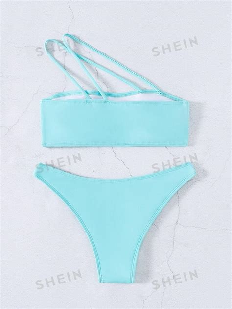 Shein Swim Solid Bikini Set One Shoulder Bandeau Top Asymmetrical