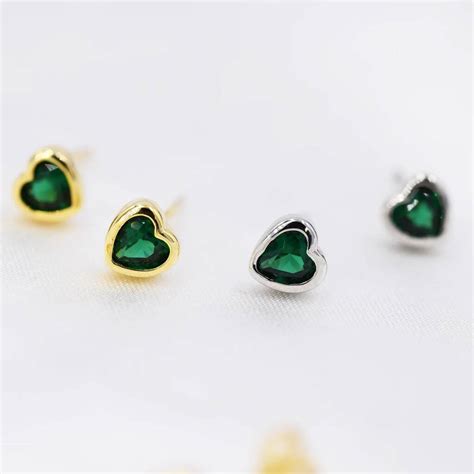 Tiny Emerald Green Cz Heart Stud Earrings By Silver Rain Silver