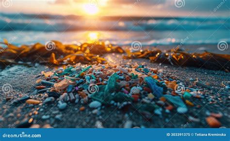 A Macro Shot Of Colorful Microplastics Entangled In Seaweed On The Beach Symbolizing Ocean