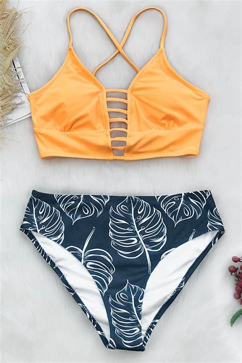 Yellow And Leaves Print Bikini