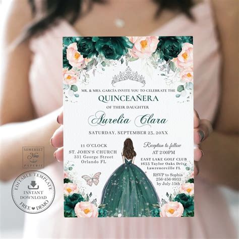 Emerald Green Blush Floral Silver Quincea Era Invitation Instant