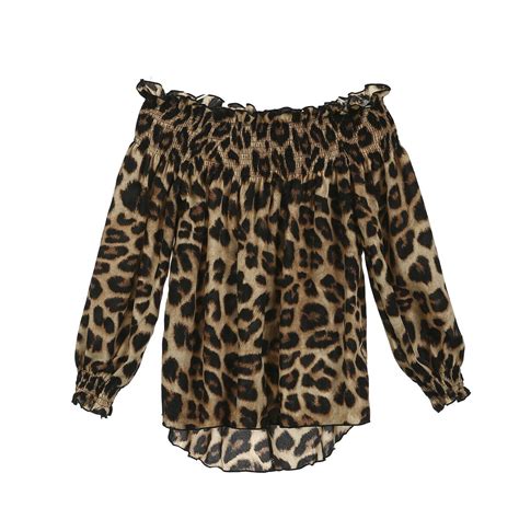 Women Lady Casual Shirt Off Shoulder Leopard Print Blouse Long Sleeve