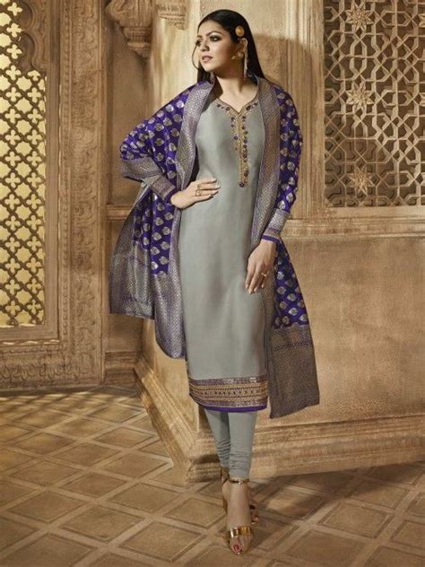 Bollywood Diva Drashti Dhami Style Grey Embroidered Straight Cut Suit