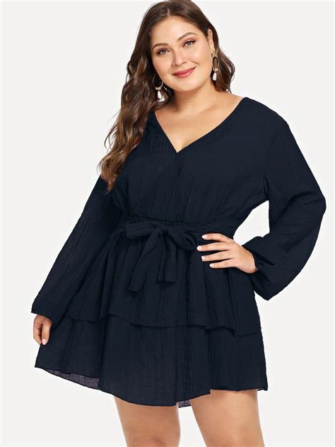 Shein Plus Lantern Sleeve Layered Hem Knot Crinkle Dress Ladies Tops