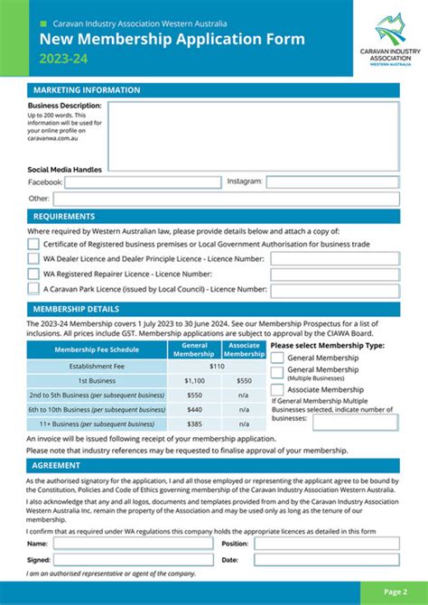 Caravan Industry Association Western Australia Membership Form Text