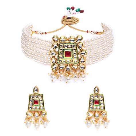 Zaveri Pearls Gold Tone Multistrand Pearls And Kundan Ethnic Choker Necklace And Earring Set