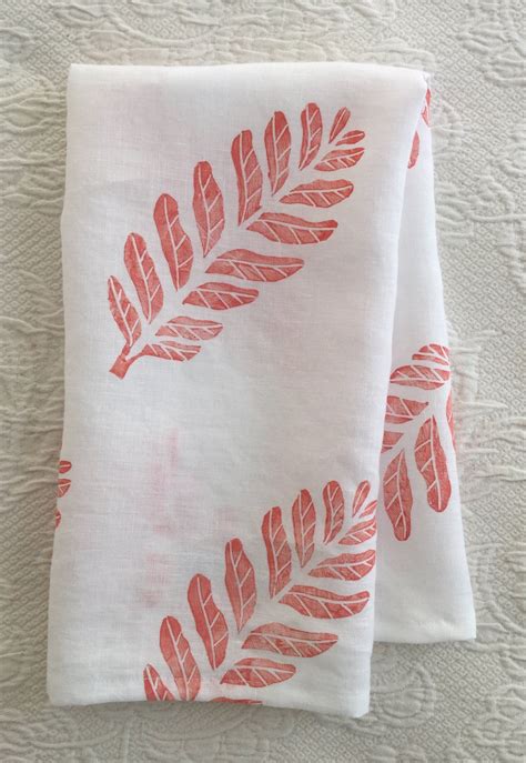 White Linen Tea Towel With Coral Print Block Printed Dish Towel Hand