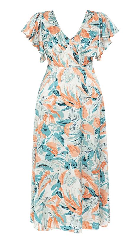 Tropical Print Butterfly Sleeve Midi Dress In Multi Color Style Of Cb