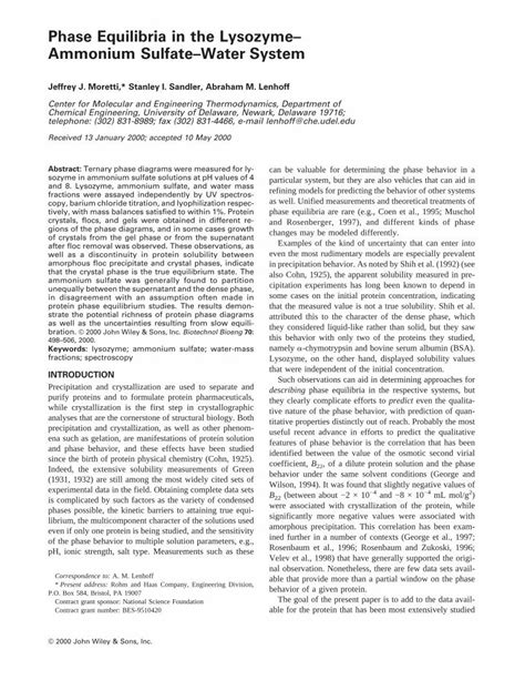 Pdf Phase Equilibria In The Lysozymeammonium Sulfatewater System