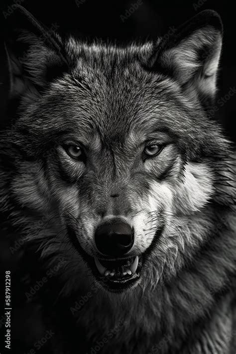 Wolf Facing Forward He Is Snarling Aggressively Black And White Generative Ai Stock