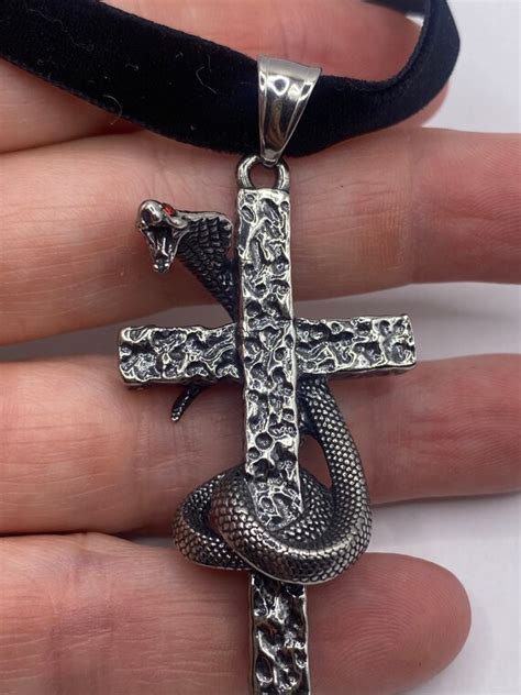 Vintage Stainless Steel Cobra Snake Cross Pendant Nec Gem