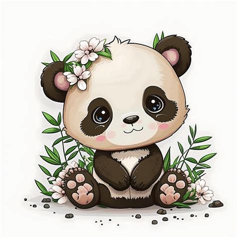 Un Dibujo De Un Panda Con Flores Foto Premium