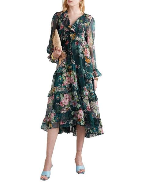 Zimmermann Wavelength Scallop Tiered Floral Print Silk Chiffon Midi