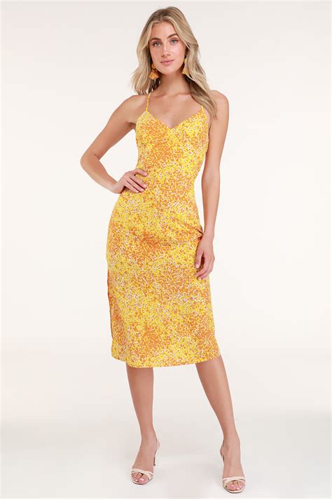 Cute Mustard Yellow Dress Floral Print Dress Midi Dress Lulus