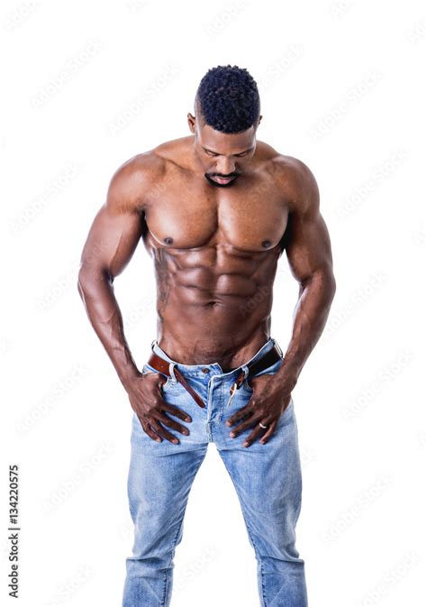 African American Bodybuilder Man Naked Muscular Torso Wearing Jeans