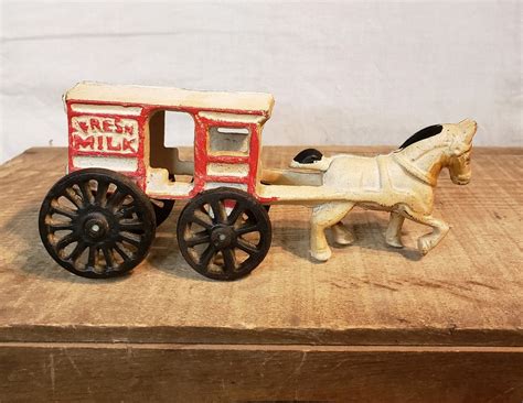 Vintage Horse Drawn Milk Wagon Heavy Cast Iron Delivery Wagon Toy Fresh