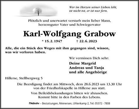 Traueranzeigen Von Karl Wolfgang Grabow Trauer Anzeigen De