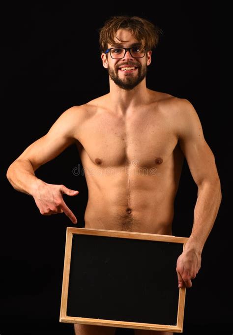 Macho Attractive Nude Guy Hold Blackboard Man Smart And With Beard And