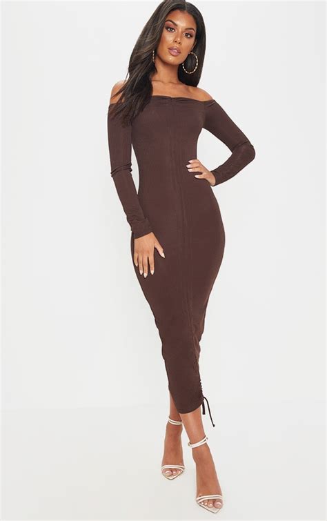 Chocolate Brown Ribbed Ruched Bardot Midi Dress Dresses