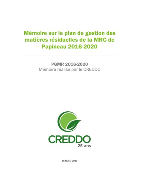 Mémoire sur le plan de gestion des matières résiduelles de