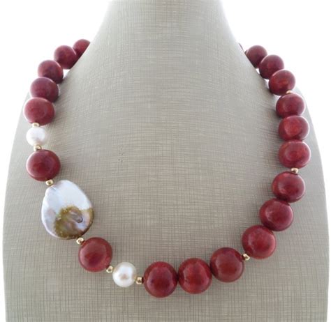 Red Coral Necklace Chunky Necklace Beaded Necklace Baroque Etsy