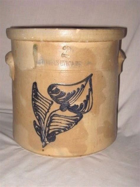 White`s Utica 2 Gallon Antique Stoneware Crock Cobalt Blue Flower Tulip