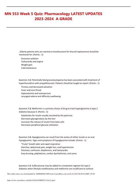 MN 553 Week 5 Quiz Pharmacology LATEST UPDATES A GRADE MN 553