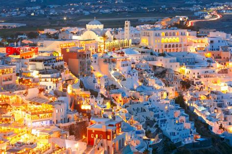 Panorama of Fira at Sunset, Santorini, Greece Stock Image - Image of ...