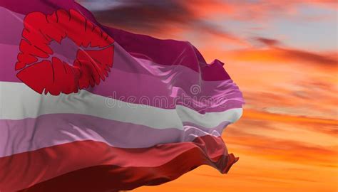 Lipstick Lesbian Pride Flag Waving In The Wind At Cloudy Sky Freedom