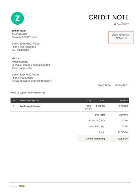 Credit Note Zoho Books