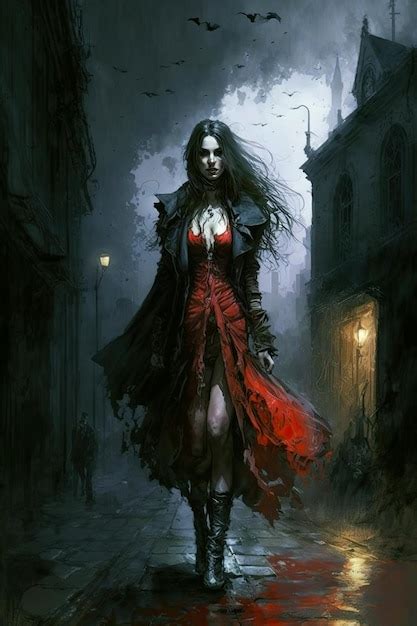 Premium Ai Image Sexy Vampire Girl In A Red Dress At Night In City Generative Ai Illustration